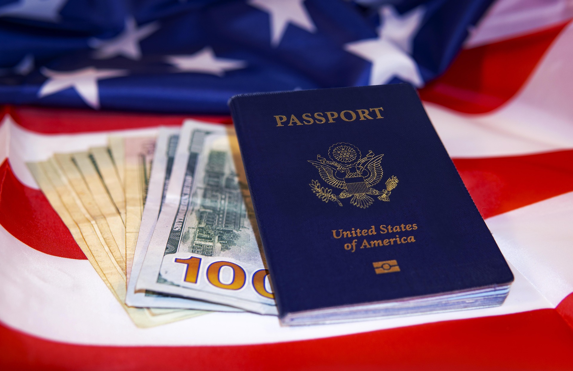 Currency, passport and flag of US